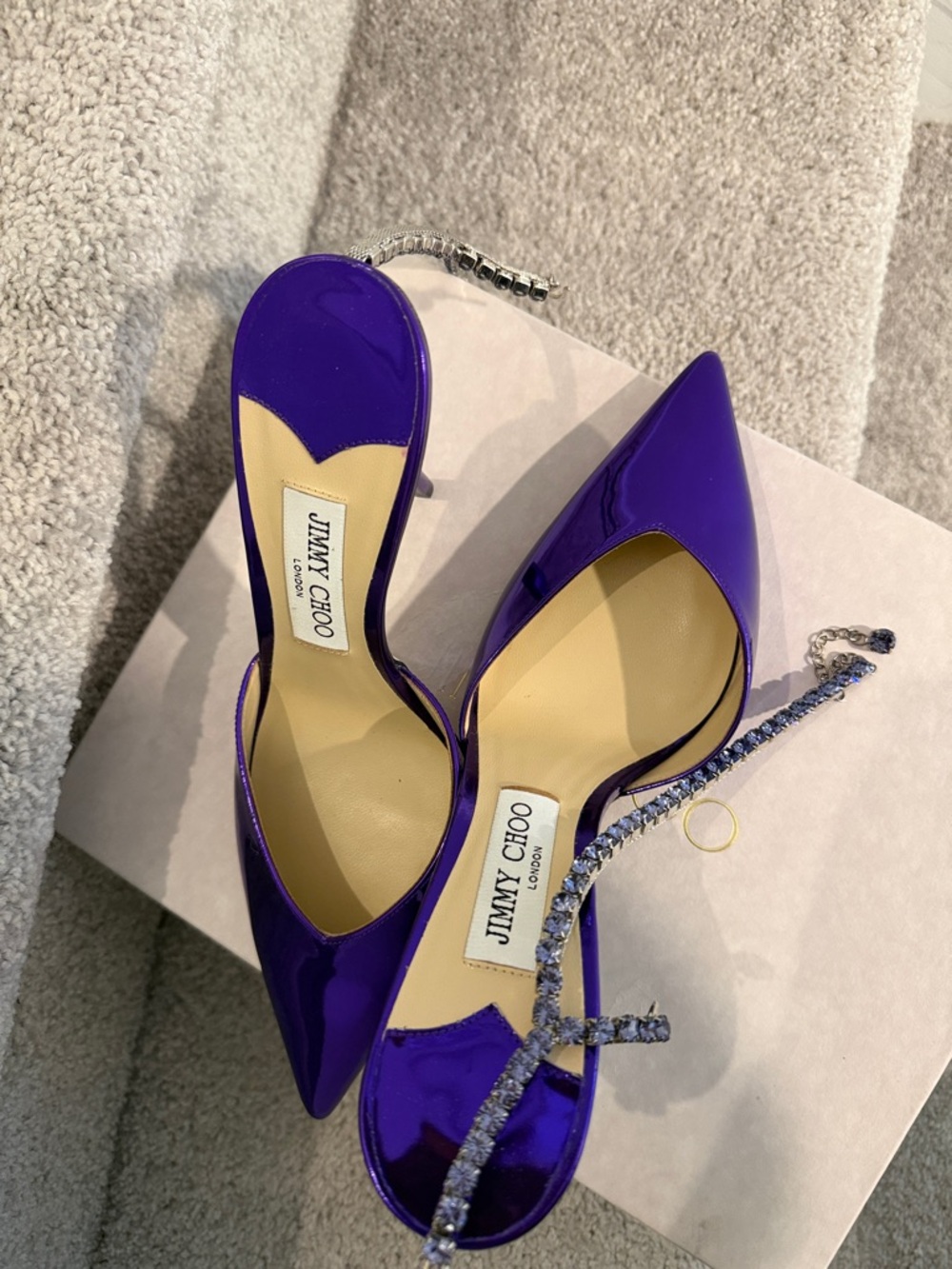 Jimmy Choo Metallic Purple Crystal T-Strap Pointed Slingback Heels - Picture 11 of 17